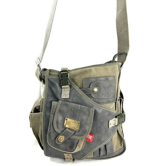 Vintage DIESEL Green Gray Canvas Cargo Messenger Sling Bag Utility Pockets Y2K